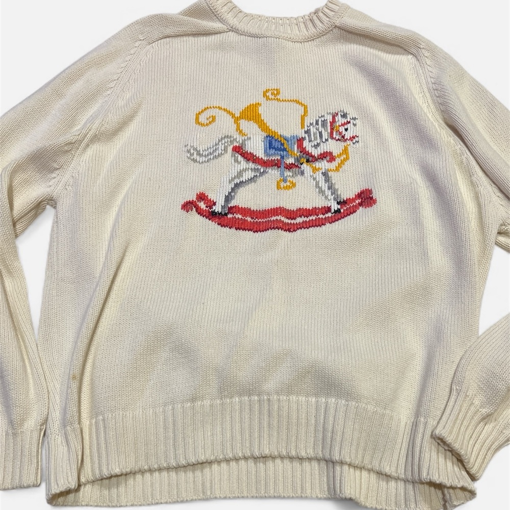 Lands’ End 100% cotton knit sweater with rocking horse. Size L novelty print